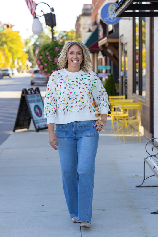 Michelle McDowell Sequin Christmas Light sweatshirt Millie holiday super soft crop regular plus XS 2X