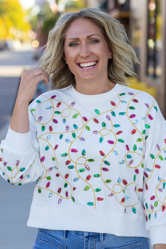 Michelle McDowell Sequin Christmas Light sweatshirt Millie holiday super soft crop