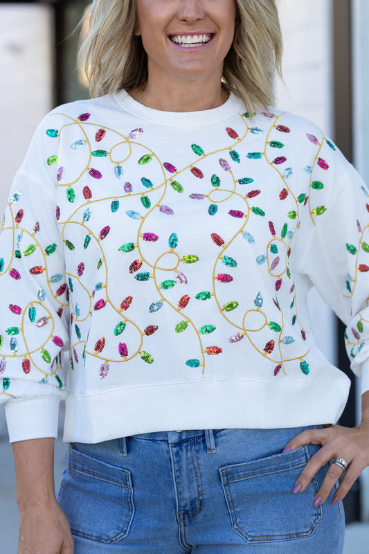 Michelle McDowell Sequin Christmas Light sweatshirt Millie holiday super soft crop