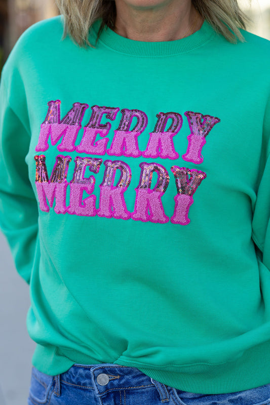 Michelle McDowell soft green merry sweatshirt chenille sequin patch XS 2X regular plus