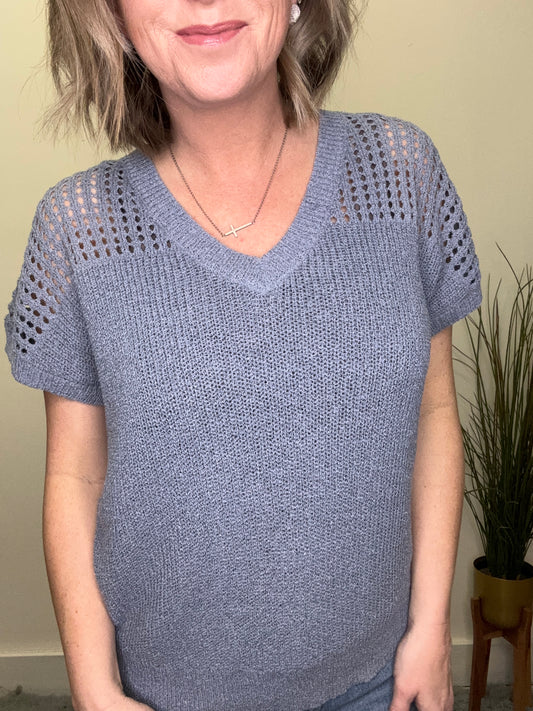 blue open knit sweater hem and thread short sleeve spring  v-neck