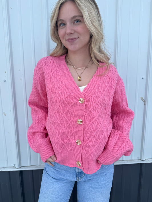 &merci cable knit hot pink cardigan button front sweater valentines day 