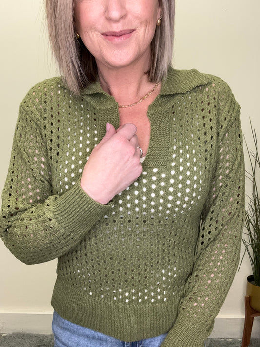 So me boutique open knit top olive green collar v-neck spring sweater