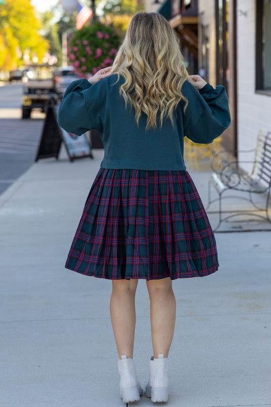 Entro green plaid long sleeve dress pleated skirt holiday Christmas 