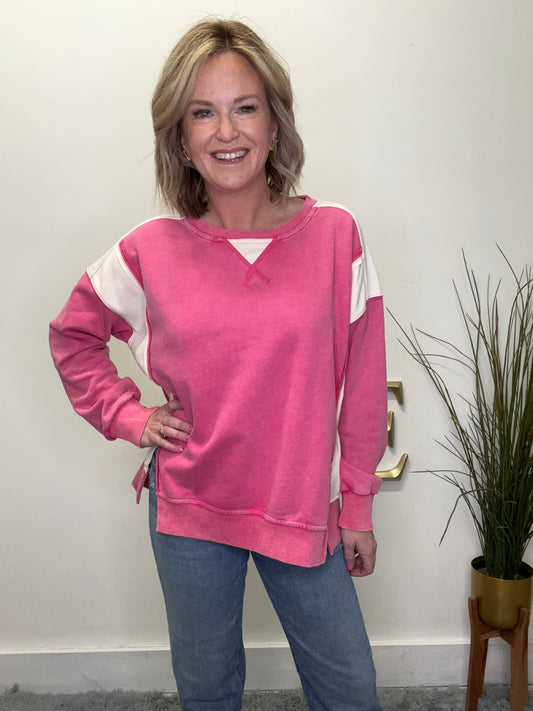 Hem and thread pullover sweatshirt bright pink with white accents Valentine’s Day fuchsia 