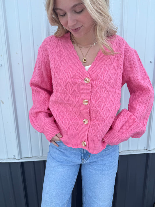 &merci cable knit hot pink cardigan button front sweater valentines day free shipping