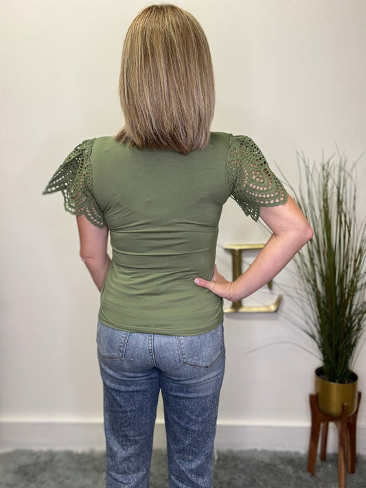 Mikarose In the Details Eyelet Sleeve Top In Olive green soft stretchy XS sale