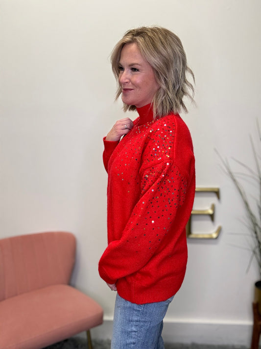 Red holiday Christmas sequin mock neck sweater party boutique free shipping 