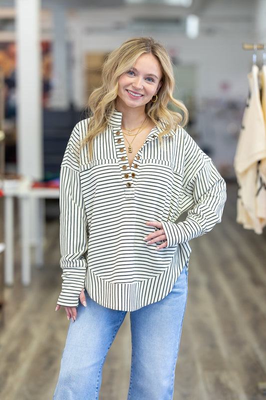 Sweeping Details Striped Thumbhole Cuff Top