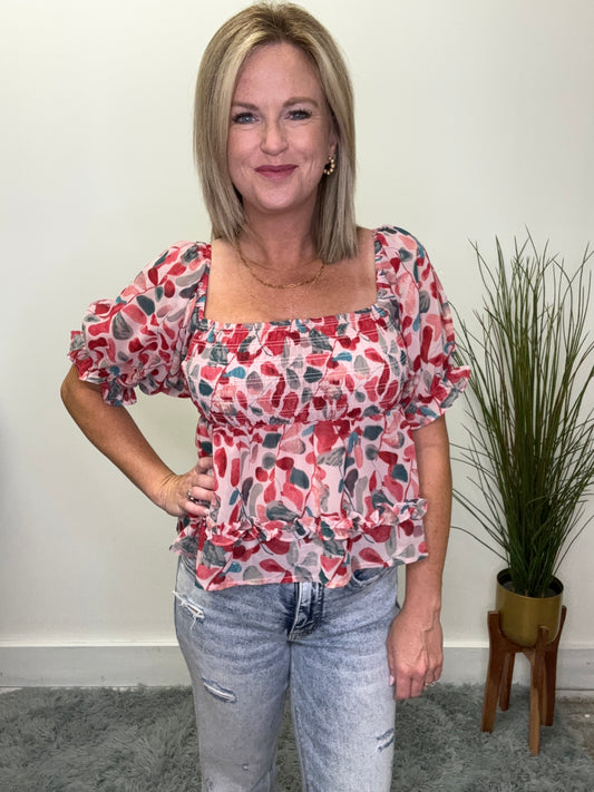 Cherry Red Smocked Ruffle Sleeve Top