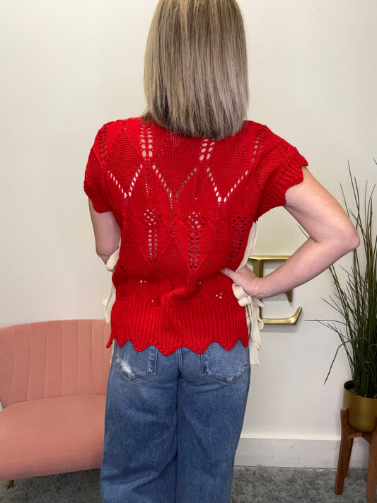 bibi boutique red knit short sleeve scallop sweater open side ties bows valentines day