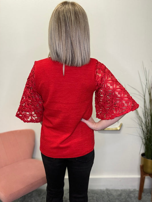 THML red sweater flowy floral sleeves monochromatic holiday Christmas top festive