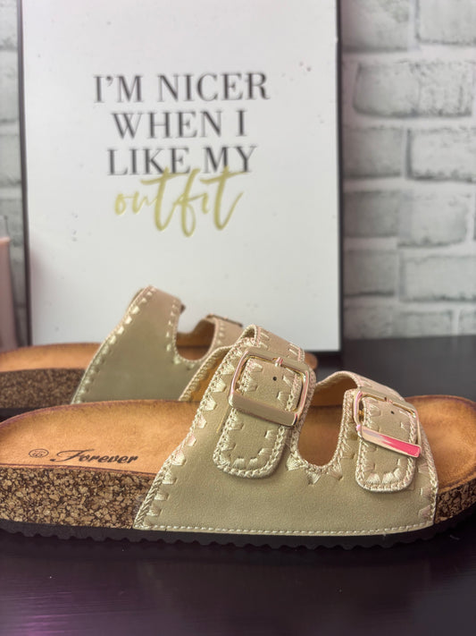 Embroidered Berk Double Buckle Sandals in Taupe