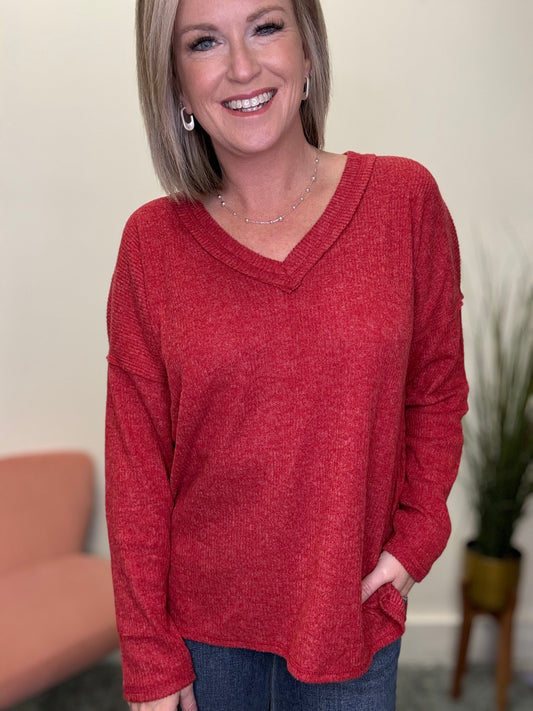 Feeling Festive Red Ribbed Top