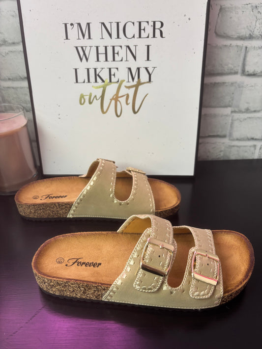 Embroidered Berk Double Buckle Sandals in Taupe