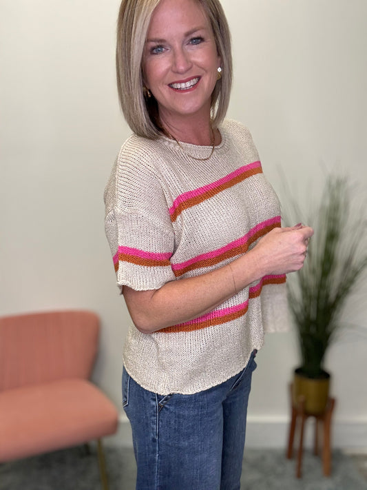 Wishlist short sleeve knit sweater taupe with pink and rust stripes