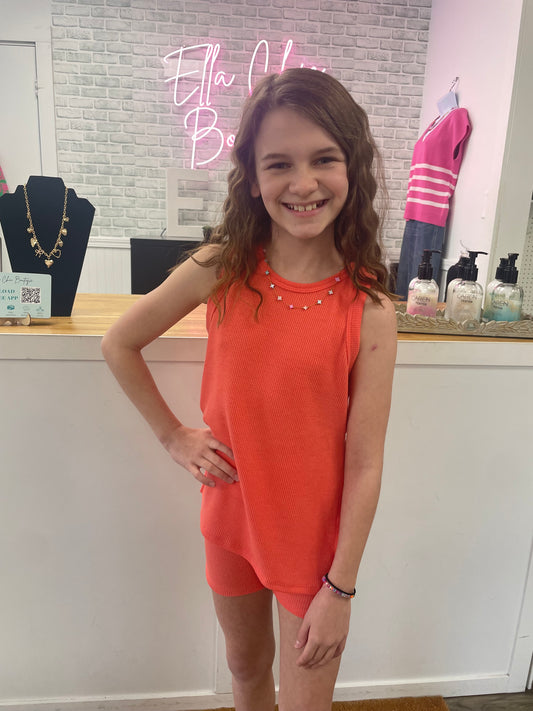 Ellie Waffle Knit Sleeveless Top and Biker Shorts Set in Coral - Girls