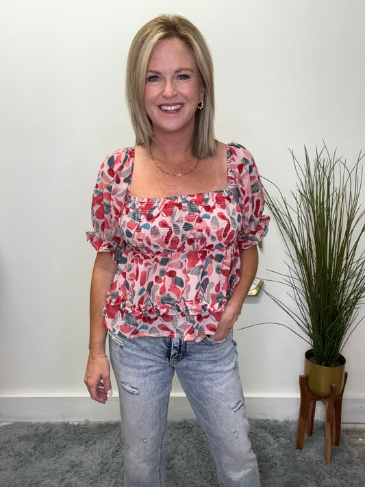 Cherry Red Smocked Ruffle Sleeve Top