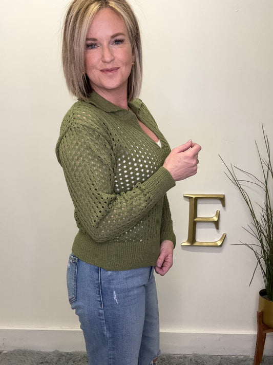 So me boutique open knit top olive green collar v-neck spring sweater