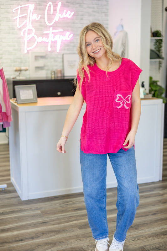 Bow Patch Pocket Midweight Sweater Top in Fuchsia