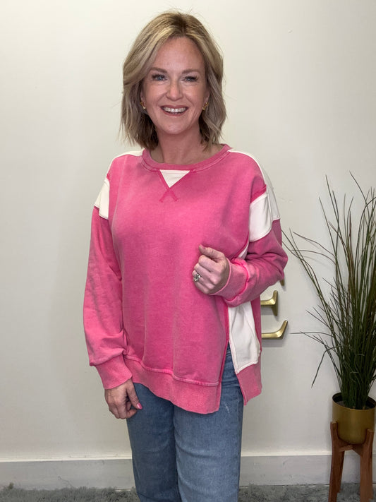 Hem and thread pullover sweatshirt bright pink with white accents Valentine’s Day fuchsia 