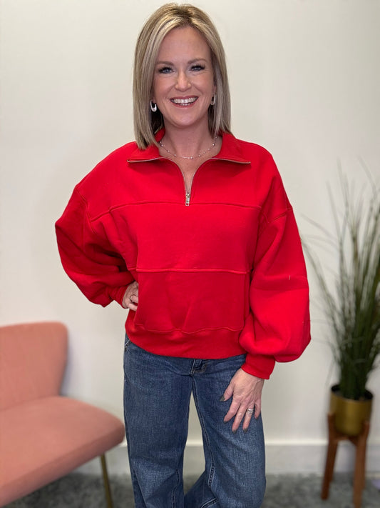 Valerie Red Half Zip Puff Sleeves Sweatshirt Top