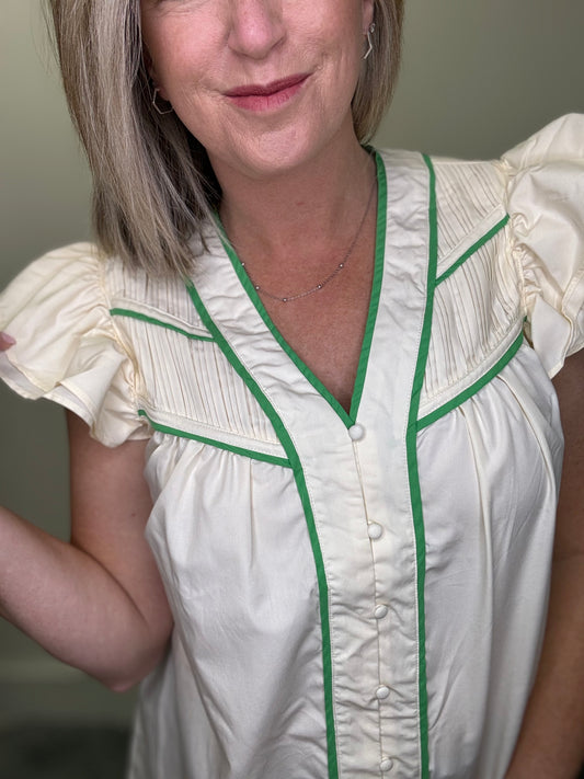 A Hint Of Green Button Down Ruffle Sleeve Top