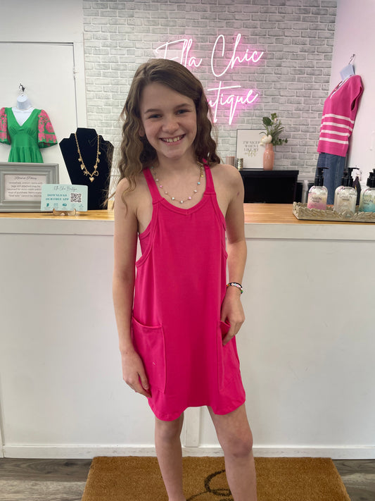 Abby Tank Dress with Built-In Romper in Hot Pink- Girls