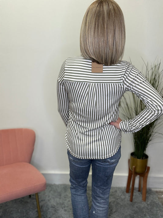 Super soft stretchy olive green striped button down top blu pepper plus size curvy