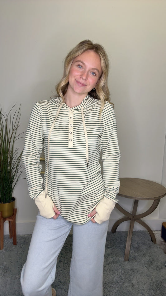 Ribbed Striped Long Sleeve Henley Hooded Top in Green