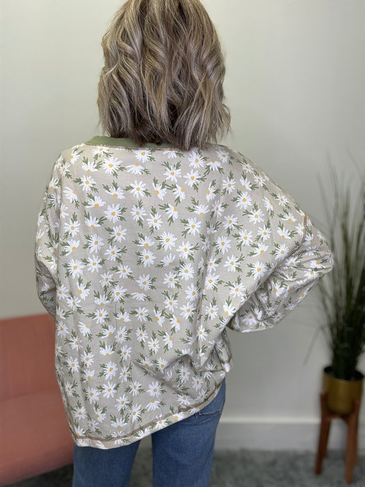 Bibi waffle knit thermal oversized top daisy floral print green