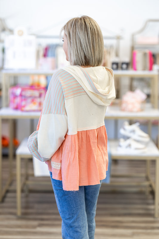 Stripe and Woven Mixed Hooded Top with Trim