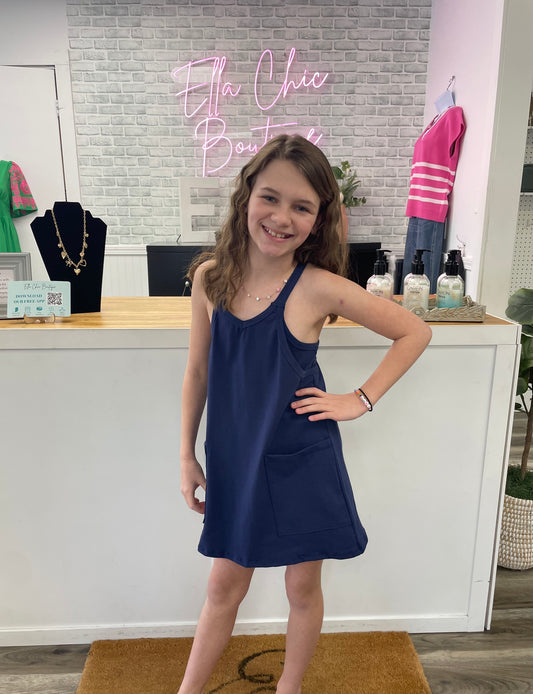 Abby Tank Dress with Built-In Romper in Navy- Girls