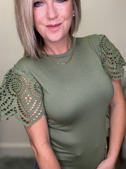 In the Details Eyelet Sleeve Top In Pebble Green