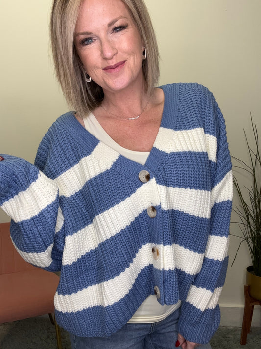 Blue Skies and Stripes Button Front Cardigan Sweater