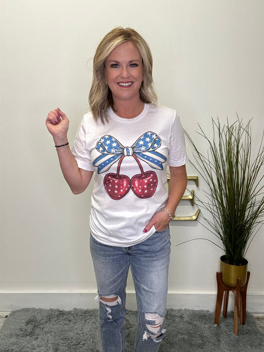 4th of July Red White and Blue bow cherry graphic tee