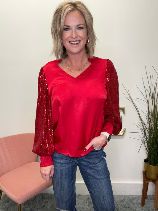 Jordan Red Sequin V-Neck Holiday Top