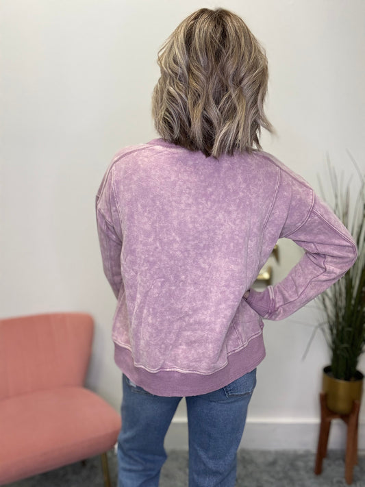 Lavender purple mineral wash uneven hem mystree sweatshirt pullover top