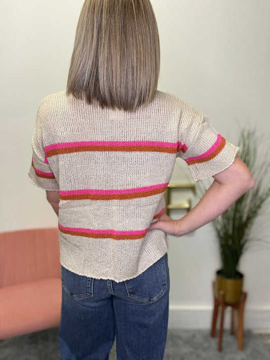 Wishlist short sleeve knit sweater taupe with pink and rust stripes