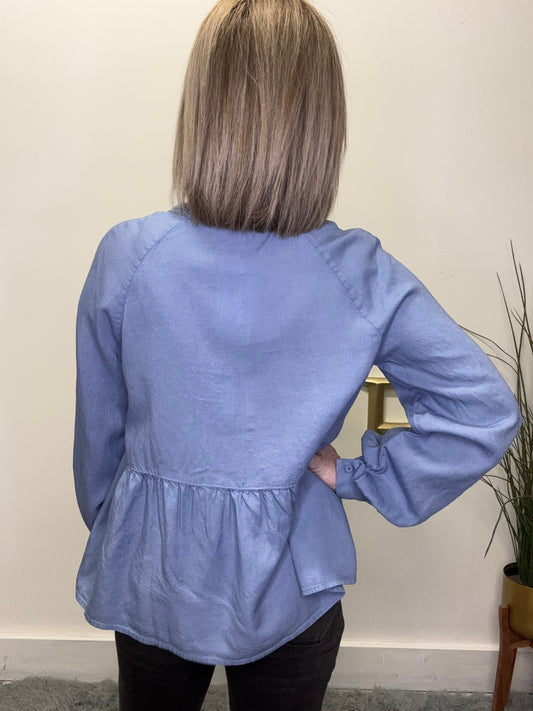 so me chambray blue bow tie front top peplum ruffle collar boutique free shipping