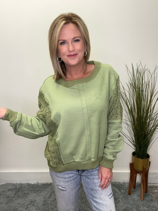 Made For You Crochet Sleeve Sweatshirt - Sage