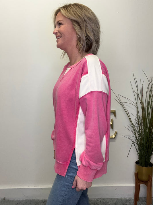 Hem and thread pullover sweatshirt bright pink with white accents Valentine’s Day fuchsia 