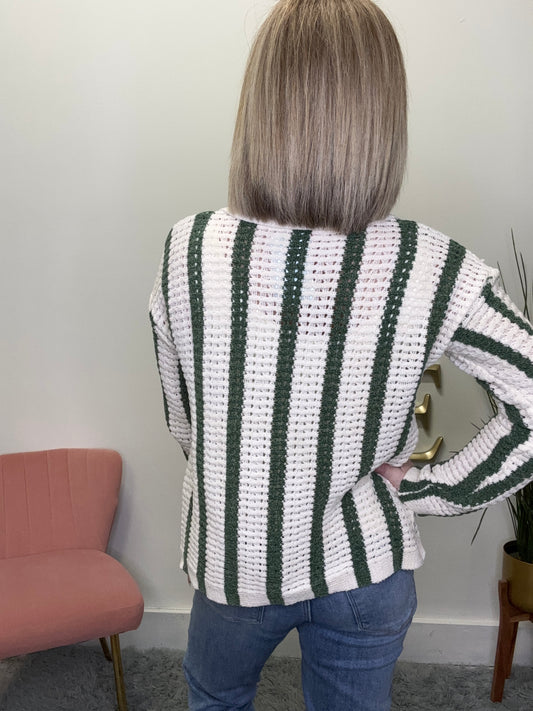 Buttermelon vertical striped green ivory button front open knit soft collared top