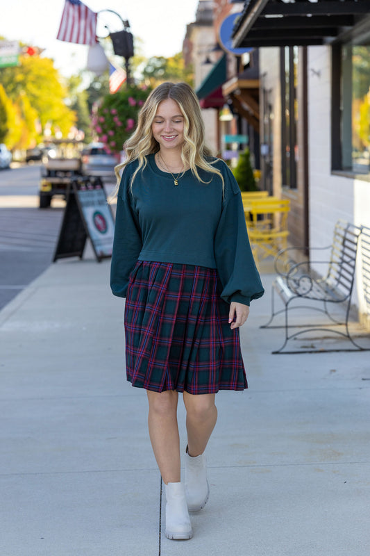 Entro green plaid long sleeve dress pleated skirt holiday Christmas 