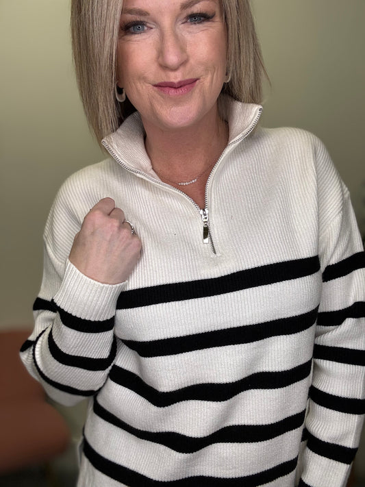 Daffie Half Zip Striped Sweater Top