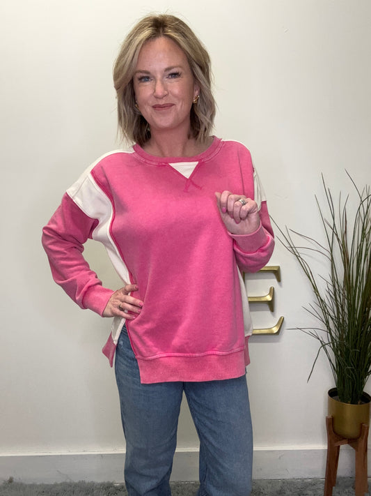 Hem and thread pullover sweatshirt bright pink with white accents Valentine’s Day fuchsia 