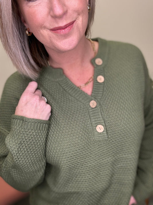 See The Buttons Olive Sweater Top