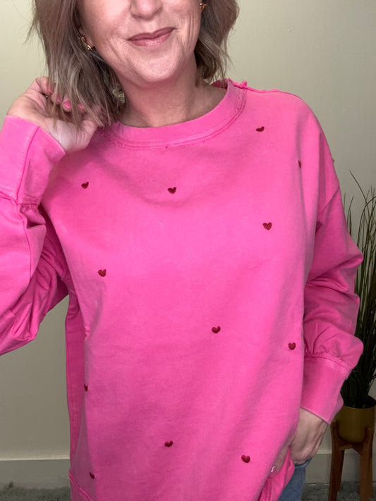 Embroidered Hearts Pink Mineral Wash Sweatshirt