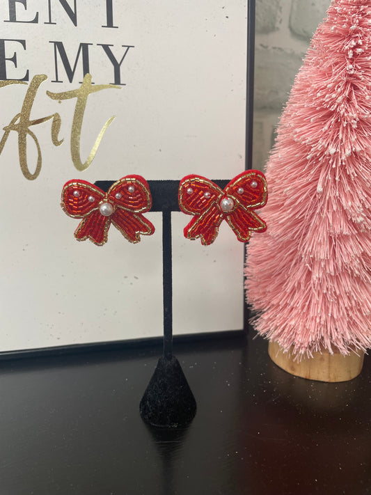 Beaded Bow Festive Holiday Earrings