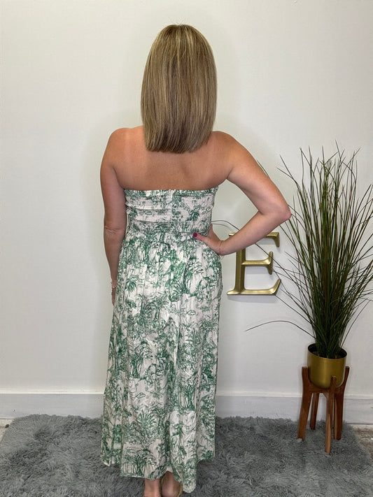strapless green jungle print dress